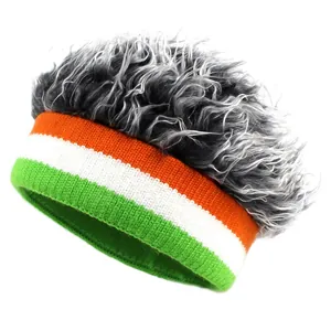 Close-up of fluffy grey wig headband with orange, white and green striped knit fabric