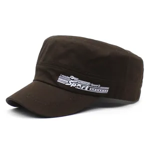 Detail view of brown fabric army cap with white sport printed text and side stripes
