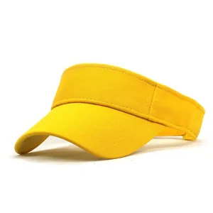 Detail view of the bright yellow sun visor hat with curved brim and clean stitching