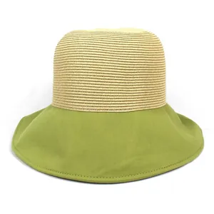 Chapeau pare-soleil femme à large bord en toile olive et haut en paille tressée jaune