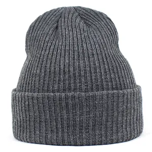 Close-up of dark grey cuffed beanie showing coarse vertical knit texture and soft yarn fibers