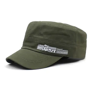 Detail view of white 'Sport' lettering on dark army green flat top military cotton cap