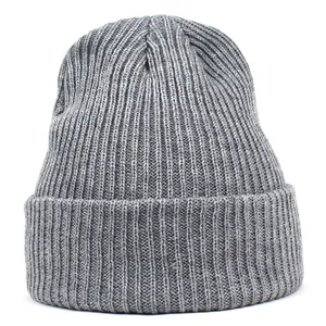 Close-up of gray ribbed knit beanie showing high-quality texture and folded cuff detail