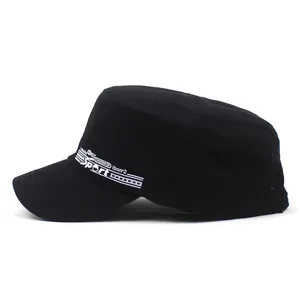 Black cotton cadet cap for men and women with white Sport lettering and curved brim