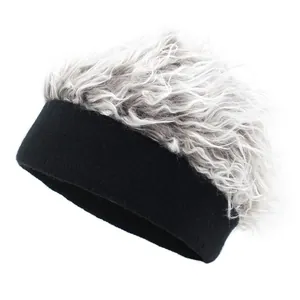 Close-up of hip-hop wig beanie with black knit base and fluffy grey curly hair detail