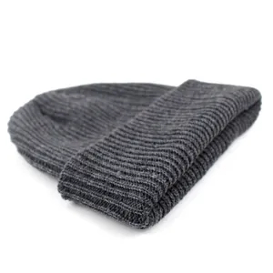 Classic dark grey ribbed knit beanie hat for winter with thick turnover cuff