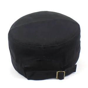 Adjustable black cotton canvas military flat top hat with bronze metal buckle closure