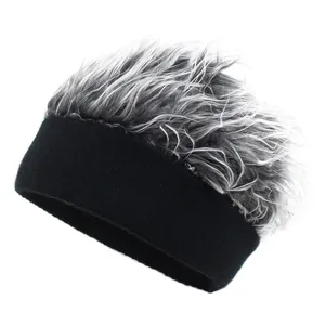 Detail shot of the black knit beanie with creative grey and white spiky hair fibers