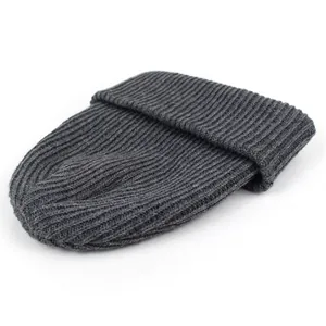 Classic dark grey ribbed knit beanie for winter with wide fold-over cuff and thick texture
