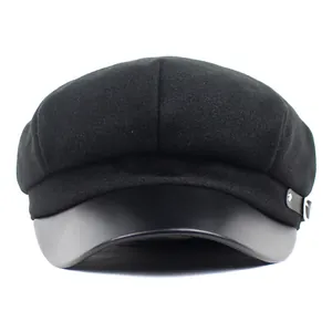 Women's black octagonal newsboy hat with stylish wool felt crown and leather visor