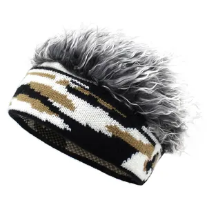 Funny Wig Beanie Hat For Men Women Hip Hop Camouflage Striped Knitted Cuffless Landlord Cap With Faux Hair Party Decor