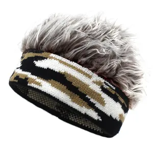 Close-up of camouflage knit beanie featuring messy silver synthetic hair on top