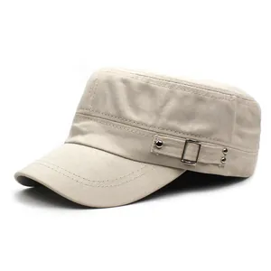 Detailed side view of khaki cotton cadet cap featuring metallic buckle and rivet accents