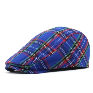 British Style Scottish Plaid Beret Hat For Men Women Adjustable Cotton Blend Flat Cap Ivy Newsboy Hat Retro Casual Outdoor Headwear