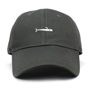 Dark grey cotton baseball cap with white fish embroidery and adjustable strap