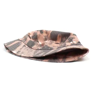 Fashionable tie-dye bucket hat in dark grey and tan, foldable cotton sun protection cap