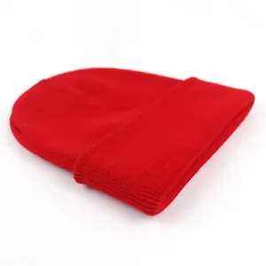 Classic bright red ribbed knit beanie hat with wide cuff for men and women