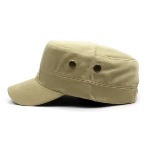 Men's khaki cotton flat top military cap with breathable metal eyelets for outdoor sun protection