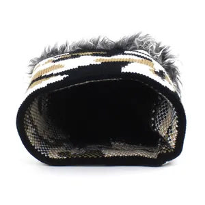 Macro detail of camouflage knit wig cap featuring grey faux hair and ribbed texture
