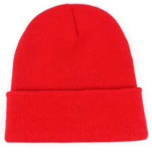 Classic red ribbed knit beanie hat with a folded cuff on a clean white background