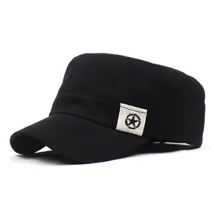 Detailed view of black canvas flat top army cap with star label on white background