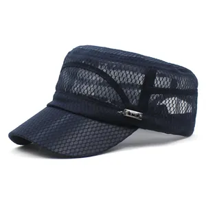 Close-up of breathable navy mesh military cap with metallic T-S side brand detail