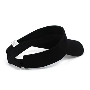 Detail of black sports visor showing 80% cotton 20% polyester blend fabric and stitching