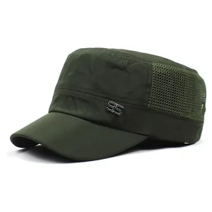 Detail of army green military cap with breathable side mesh and metal 95 emblem