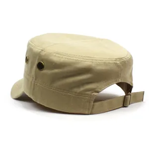 Rear view of khaki cotton cadet cap showing metal eyelets and adjustable buckle strap