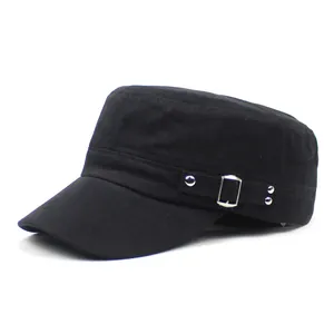 Close-up of black cotton military cap with side metal buckles and rivet details