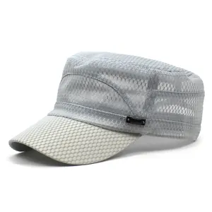 Detail view of the breathable grey mesh fabric and side metal buckle on flat top military cap