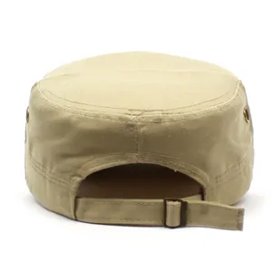 Men's khaki cotton flat top cadet hat with adjustable metal buckle and breathable eyelets