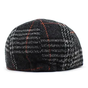Retro plaid wool flat cap for men and women with black grey and red vintage checkered pattern
