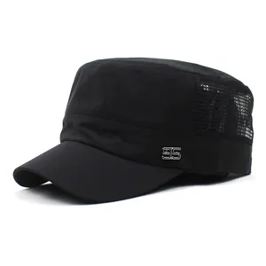 Detail of black flat top military cap featuring breathable mesh and metal 95 emblem