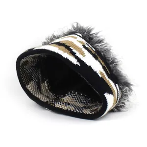 Striped knit beanie hat with gray faux fur wig top for men and women hip-hop style