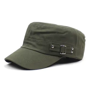 Solid Color Cotton Cadet Cap For Men Women Outdoor Sun Protection Flat Top Military Hat With Metal Buckle Rivets Adjustable