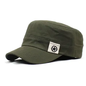 Detail view of cotton military flat cap in olive green with a star patch decoration