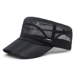 Detail of breathable honeycomb mesh fabric and metal buckle on black military flat top cap