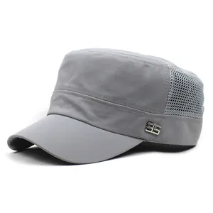 Detail view of the gray military flat top cap with breathable mesh side and metal S5 logo