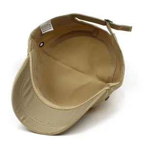 Men's khaki cotton cadet cap showing inner lining, double stitching and metal eyelets