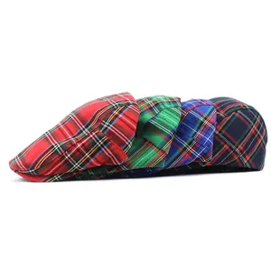 British style plaid flat caps in red, green, and blue tartan fabric for men and women