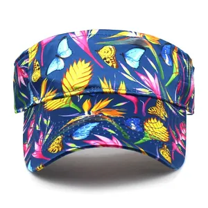 Deep blue sun visor for women with tropical butterfly and floral print for beach outings