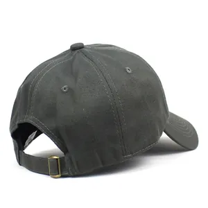 Adjustable dark grey cotton baseball cap with bronze metal buckle and contrast stitching
