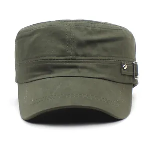 Army green cotton canvas cadet cap with side metal buckle details on white background