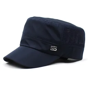 Detail of dark blue military cap featuring breathable mesh panels and 95 metal emblem