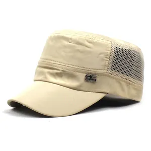 Breathable Mesh Flat Top Military Cap For Men Women Adjustable Cotton Sun Protection Outdoor Sports Hat With Metal Decor