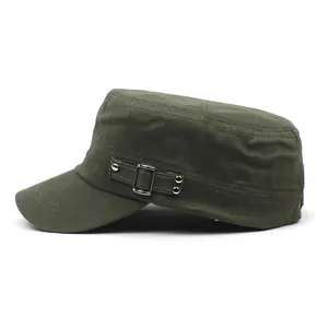 Men's army green cotton flat top patrol cap with side metal buckles and rivets