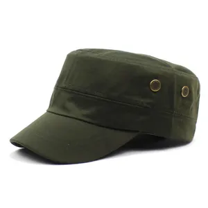 Detail view of olive green cotton cadet cap showing metal air vents and canvas texture