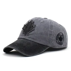 Close-up of washed cotton baseball cap with maple leaf patch and Canada side embroidery