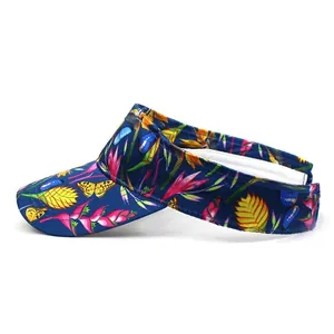 Detail of floral printed sun visor with tropical patterns and refined stitching finish